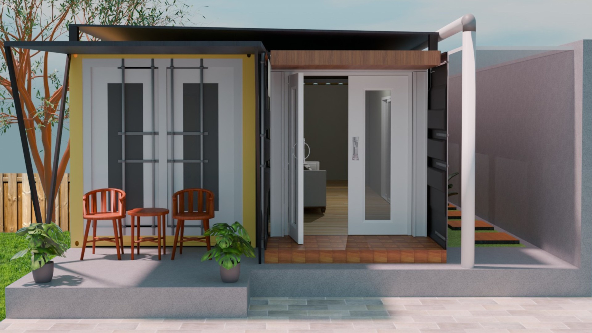 Front View 3D Rendering of Modern Container House Facade with Outdoor Patio