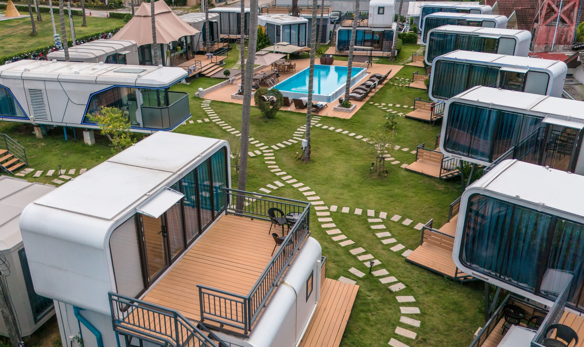 Modern hotel modular buildings with swimming pool in tropical area