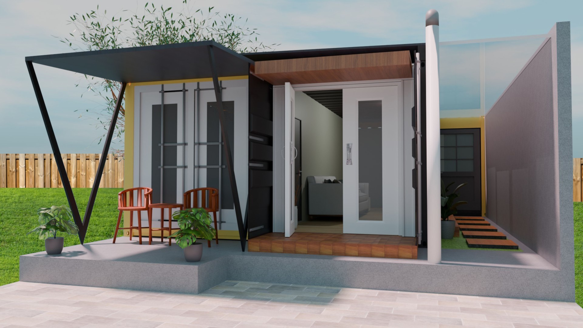 3D Rendering of Modern Container House Facade with Outdoor Patio